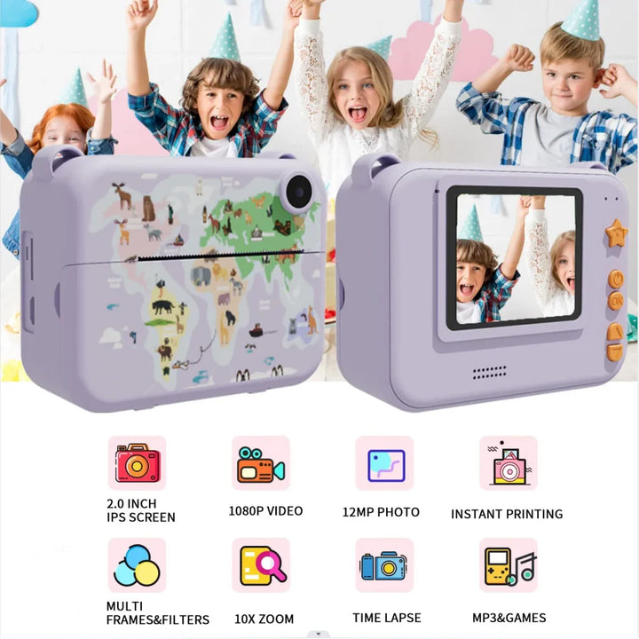 Câmara digital infantil, impressão instantânea, gravador de vídeo com impressora térmica